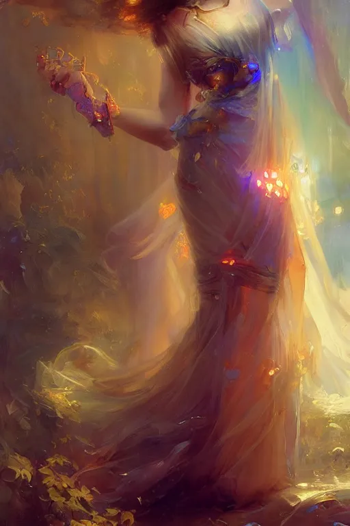 Image similar to cyberpunk beautiful girl, light body golden armor, flowing gown by vladimir volegov and alexander averin and delphin enjolras and daniel f. gerhartz