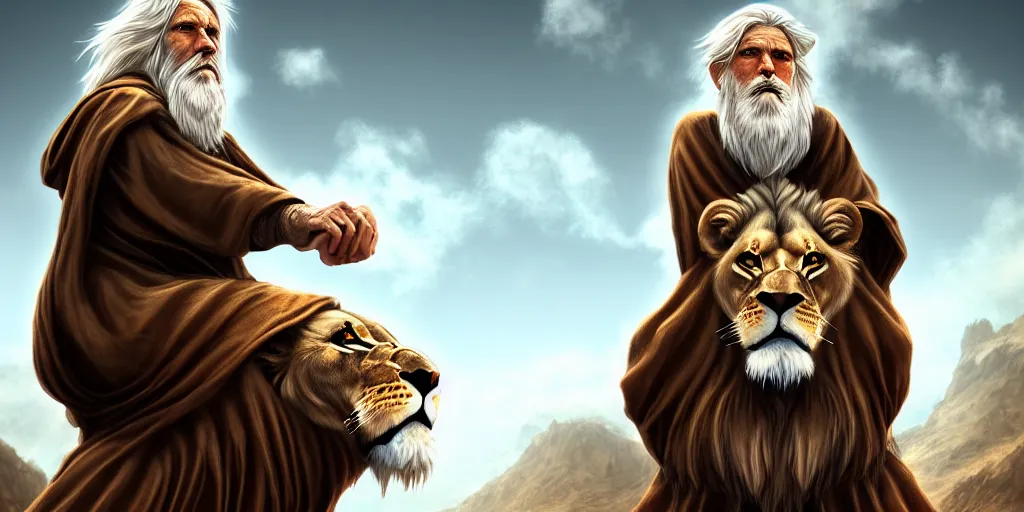 Image similar to hooded wise old man ( long white beard wearing a brown tunic ), riding majestically on a beautiful lions back, epic digital art, cinematic, trending on artstation, superb detail 8 k masterpiece