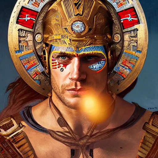 Prompt: Henry Cavill as an Aztec warrior, athletic , face paint, muscular, intricate, highly detailed, digital painting, artstation, concept art, sharp focus, illustration, art by greg rutkowski and alphonse mucha