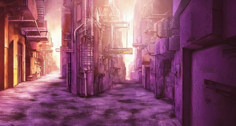 Image similar to Sci-fi wallpaper of an alley in a desert city, close-up view, purple color-theme, cinematic, science-fiction art wallpaper, stunning digital art