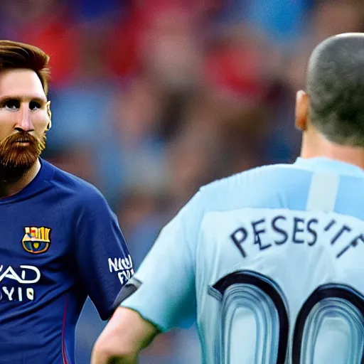 Prompt: messi playing for manchester city with pep guardiola, high - res photorealistic