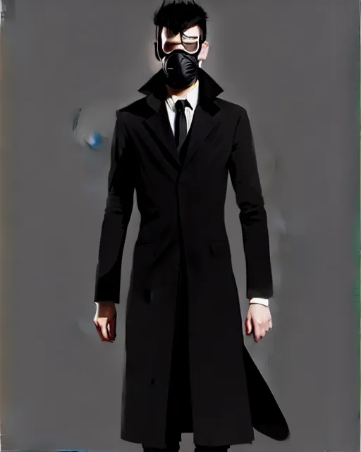 Image similar to a ultradetailed beautiful panting of a european young man wearing black medical mask and black long coat, by ilya kuvshinov, greg rutkowski and makoto shinkai, trending on artstation