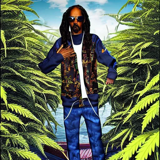 Image similar to snoop dog standing on a boat in front of huge cannabis plants, realistic digital art, highly detailed