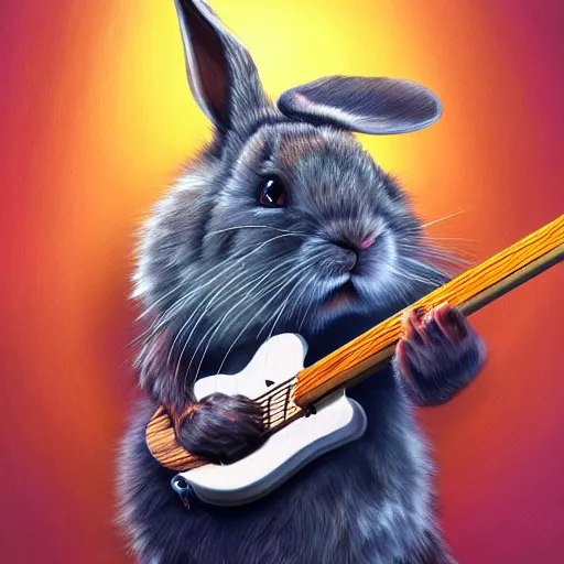 Image similar to A hyperdetailed digital oil painting of A rabbit is playing the guitar,cartoon, Trending on ArtStation and DeviantArt