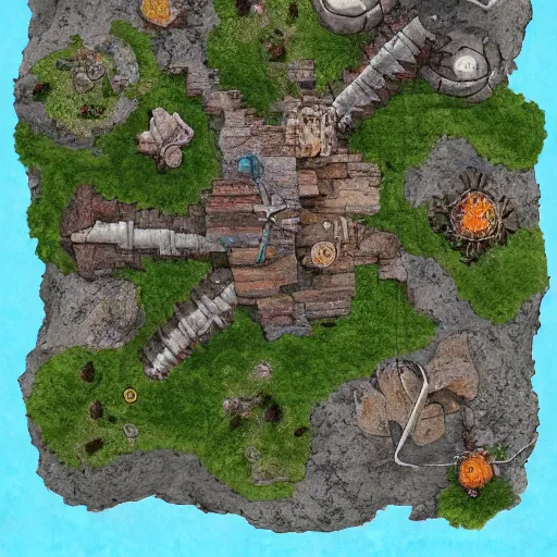 Prompt: aerial battlemap view of the Crags of Chaos, a 5th-level adventure for 3-5 characters of levels 2-4. D&D Adventure module.