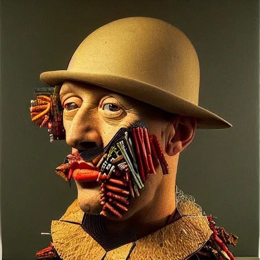 Prompt: portrait photo of a man made from everyday 3d objects, Perfect face, extremely high details, realistic, by Giuseppe Arcimboldo, Edward Hopper, Rene Margitte