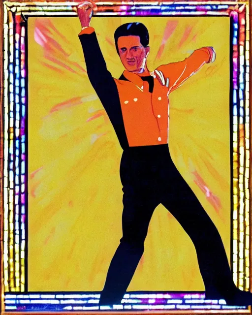 Image similar to leonard nimitz as orange suited tony manero in saturday night fever dancing at a disco with a glowing illuminated multicolored square tile floor