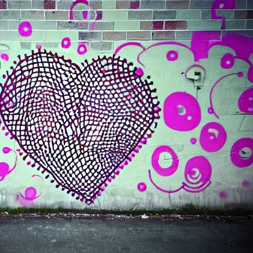 Image similar to wall with graffiti, heart filled with circles and lines