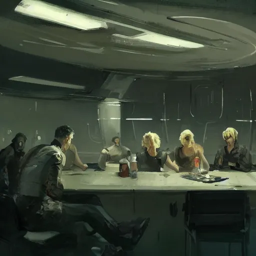 Image similar to concept art by greg rutkowski, a very tall, and slender woman with blond hair, sitting with the crew in the ship's dining room, brutalist futuristic interior, dark lighting atmosphere, detailed portraits, nostalgic atmosphere, scifi, digital painting, artstation, concept art, smooth, sharp foccus ilustration, artstation hq