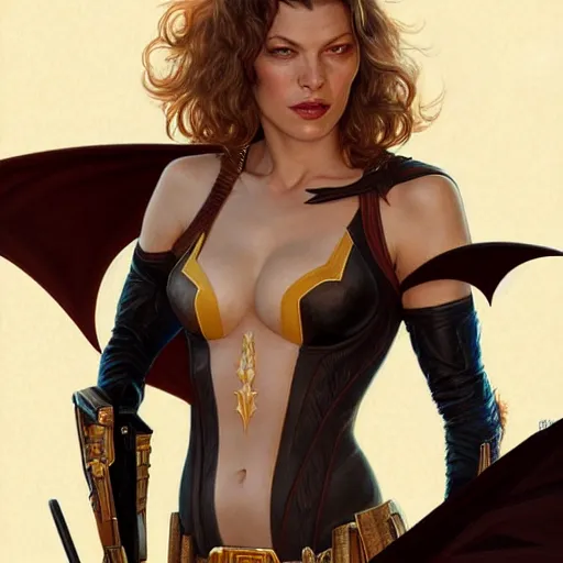 Image similar to Mila Jovovich with blonde hair as Bat Woman, western, D&D, fantasy, intricate, elegant, highly detailed, digital painting, artstation, concept art, matte, sharp focus, illustration, art by Artgerm and Greg Rutkowski and Alphonse Mucha