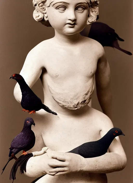 Image similar to realistic photo of a a boy with a pigeons, ancient greek sculpture realistic doll made of white detailed clay and black wooden brushwood, 1 9 6 0, life magazine photo, natural colors, metropolitan museum, kodak