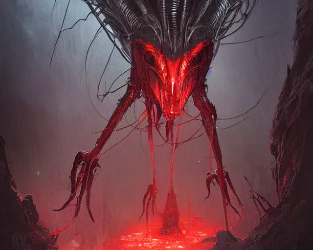 Prompt: alien creature, red, eyes growing on creature, spindly ; high detailed artwork by greg rutkowski ; sci - fi, detailed, scary, dangerous