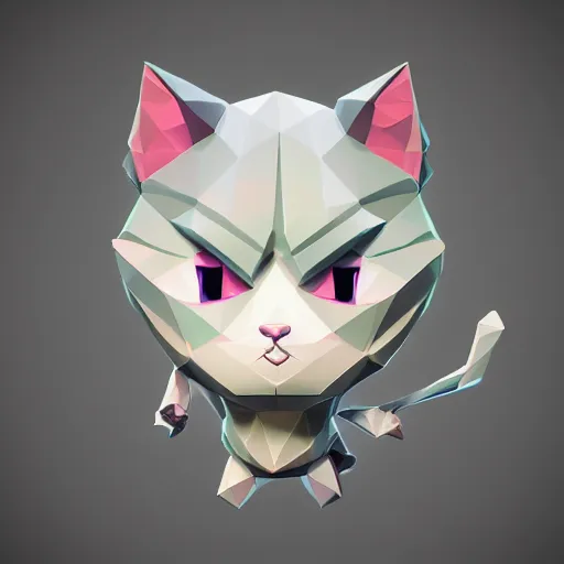 Image similar to low poly modelling, high resolution textures, ultra smooth vertices and surfaces, isometric view, 1 6 bit colors, made in blender, fat chibi grey cat, volumetric lighting, fantasy, intricate, hyper realistic, by riot games artist, from league of legends, backlit