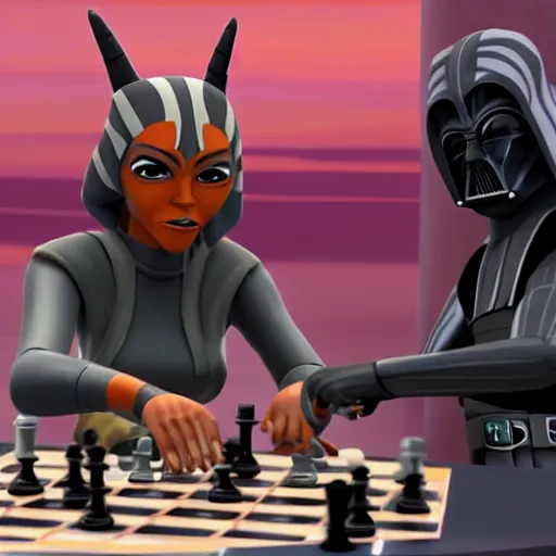 Image similar to Ahsoka Tano playing chess with Darth Vader in The Clone Wars season 7, ray traced