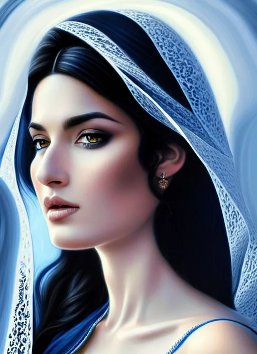 Prompt: ameera al taweel, bright blue eyes, long wavy black hair, white veil, in the style of stefan kostic, realistic, sharp focus, 8k high definition, insanely detailed, intricate, elegant, art by stanley lau and artgerm