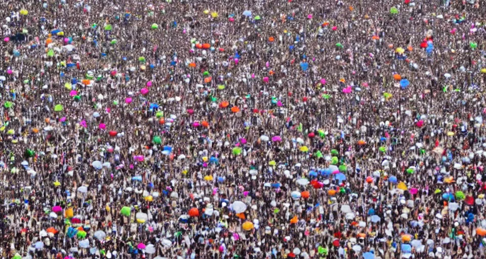 Prompt: aerial view of a crowd watching a concert at Coachella, traditional painting by Su Hanchen and Qiu Ying