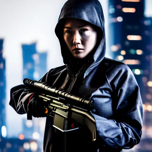 Image similar to photographic portrait of a techwear woman holding a shotgun, holding shotgun down, closeup, on the rooftop of a futuristic city at night, sigma 85mm f/1.4, 4k, depth of field, high resolution, full color, award winning photography, inspired by Kill Bill, inspired by John Wick, inspired by Die Hard, movies with guns, movie firearms