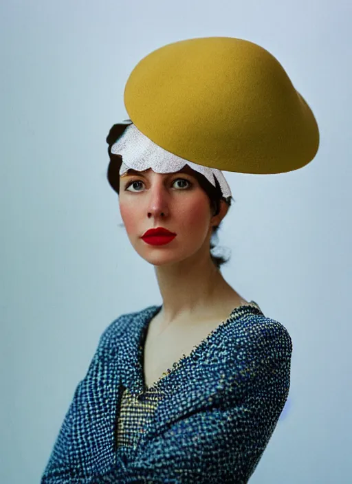 Prompt: a fashion portrait photograph of a woman wearing a hat designed by pablo picasso, 3 5 mm, color film camera,