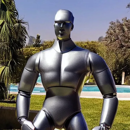 Image similar to a realistic detailed photo of a guy who is an attractive humanoid who is half robot and half humanoid, who is a male android, wrestler bryce meredith, shiny skin, posing like a statue, blank stare, by the pool, on display, showing off his muscles, humanoid robot, frozen ice statue