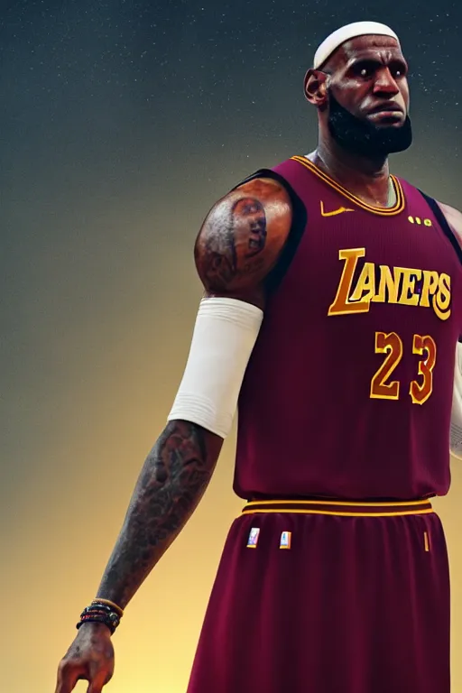 Prompt: lebron james solemn at tea party, melancholy, cybertronian, long shot, cinematography by wes anderson, 4 k octane render, intricate detail, photorealistic, cinematic lighting, artstation