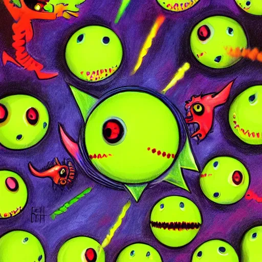 Image similar to an army of tennis ball monsters, colorful, digital art, fantasy, magic, chalk, trending on artstation, ultra detailed, professional illustration by basil gogos