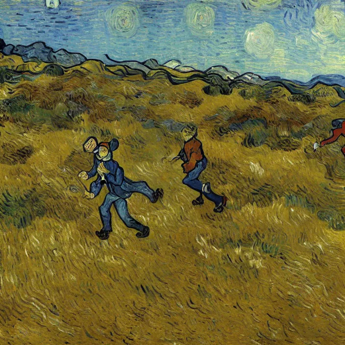 Prompt: adult man and woman playing on the open moorland, painting by van gogh