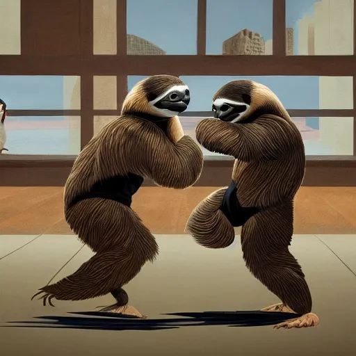 Image similar to painting of a sloth vs pigeon kung fu style in a dojo, facing each other, aggressive sloth vs a muscled pigeon, best photo award, high quality 8 k, cinematic lighting, painting by kusama, high detail, realism : 9 5 %