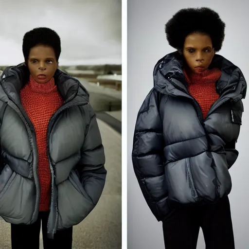 Image similar to realistic! photoshoot for a new balenciaga lookbook, color film photography, portrait of a beautiful woman wearing a puffer jacket, photo in style of tyler mitchell, fisheye lens