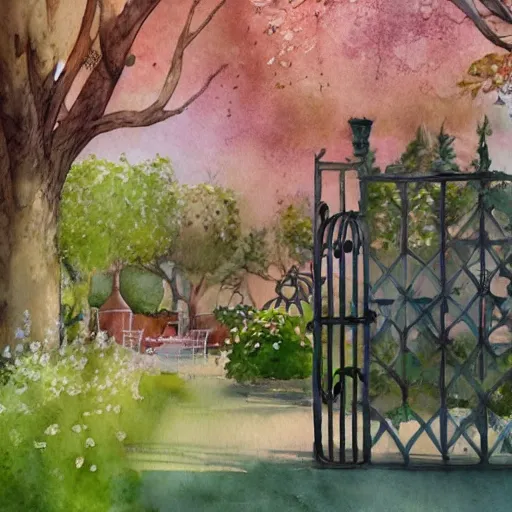 Image similar to delicate, chairs, garden, paved, botanic watercolors, iridescent, 8 k, realistic shaded, fine details, artstation, italian, iron gate, tree, mediterranean, mage