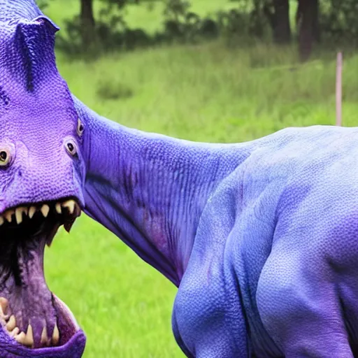 Prompt: a purple and blue dinosaur mooing realistic