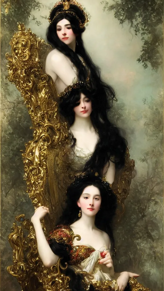 Image similar to a beautiful black haired woman with pale skin and a crown on her head sitted on an intricate metal throne by franz xaver winterhalter and delphin enjolras and rebecca guay