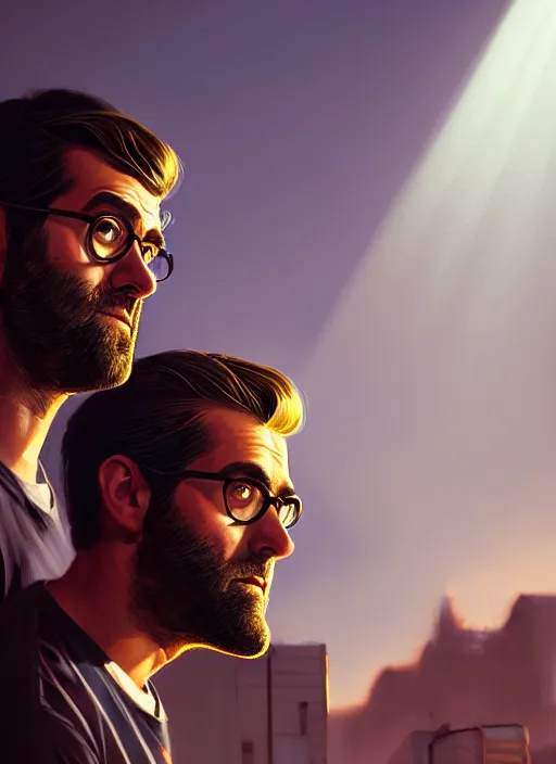 Image similar to portrait, rhett and link , dramatic lighting, cinematic, establishing shot, extremely high detail, foto realistic, cinematic lighting, post processed, concept art, artstation, style by eddie mendoza, raphael lacoste, alex ross