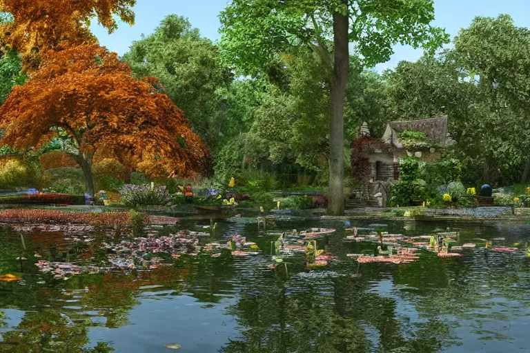 Prompt: A lovely overgrown temple in a pond full of lily pads with autumn!!! trees overhead and blue aberrant skies, trending on artstation, 4k, 8k, 3D!!! still!!! illustrated and reimagined by Max Hay, yellow dappled lighting, eye-level view!!, artstation 3d, artstation render, artstation 3d render, 3d art, unreal engine 3d, octane 3d, blender 3d, 3d landscape, photorealistic imagery, photorealistic details, intricate, highly detailed, fisheye!!!! view!!!!, lens distortion!!!!, chromatic!!!! aberration!!!!