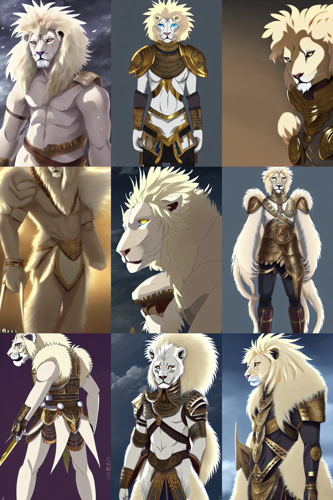 Prompt: albino lion army general with egyptian armor, fursona, anthro, anime key visual, detailed armor, detailed fur, makoto shinkai, portrait