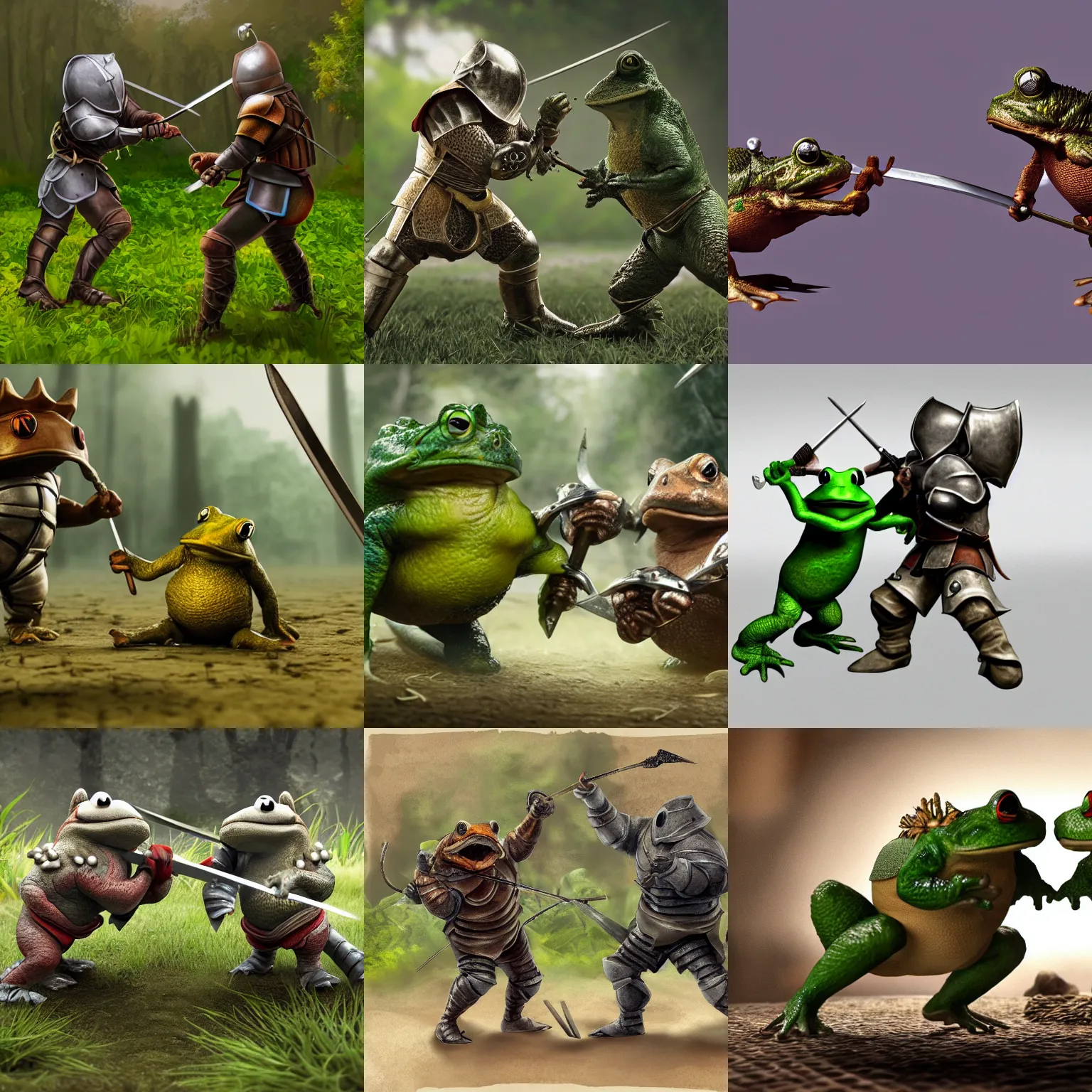 Prompt: 2 toads having a sword fight, wearing knight armor, fencing, photorealistic, realism, action shot