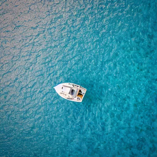 Prompt: aerial view of a lone boat in the middle of the ocean. 35mm. tilt shift. 8k. high resolution photo. detailed. sharp W-1024 H-1024