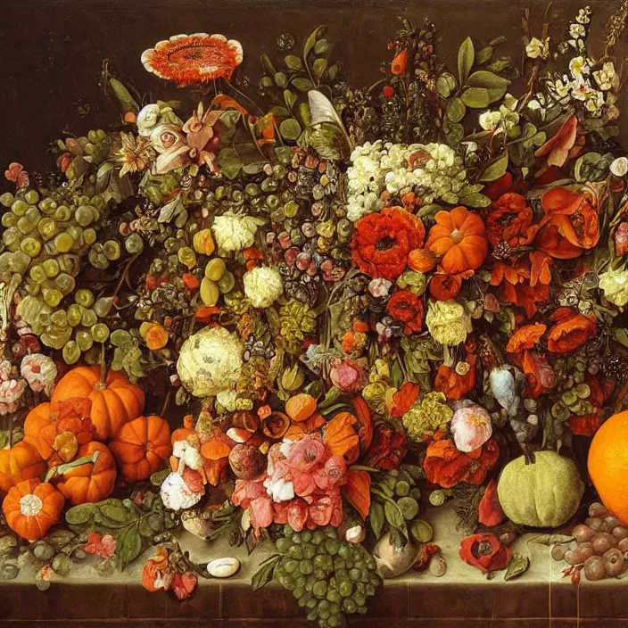 Prompt: thanksgiving supper, flowers and fruit on a wooden table, a still life by giuseppe arcimboldo, vanitas, pinterest, maximalist, intricate high detail masterpiece