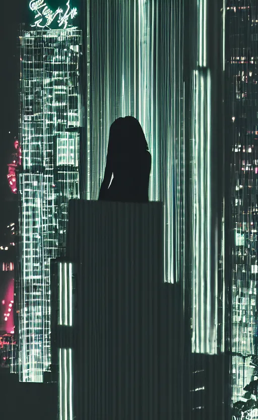 Image similar to vertical movie frame, silhouette of a girl in 7 0's retro club, editorial, fashion, neon - decorated urban on night in the city seen through the window, modern architecture design, vintage, night, blade runner, dark, clean lines, asian futuristic city at distance, big windows, octane, wide angle