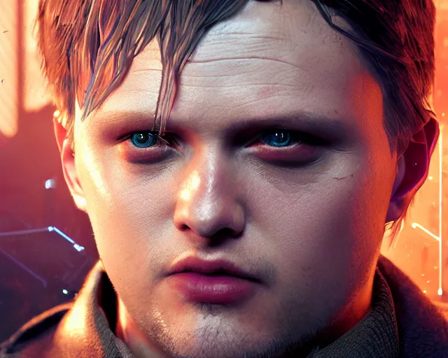 Image similar to highly detailed portrait of michael pitt as an evil android, in detroit : become human, stephen bliss, unreal engine, fantasy art by greg rutkowski, loish, rhads, ferdinand knab, makoto shinkai and lois van baarle, ilya kuvshinov, rossdraws, tom bagshaw, global illumination, radiant light, detailed and intricate environment