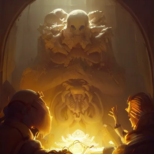 Image similar to priest glove glowing in white yellow light shooting magic yellow ray at skeleton spell scroll art by artgerm and greg rutkowski and Craig Mullins, James Jean, Andrey Ryabovichev, Mark Simonetti and Peter Morbacher 16k