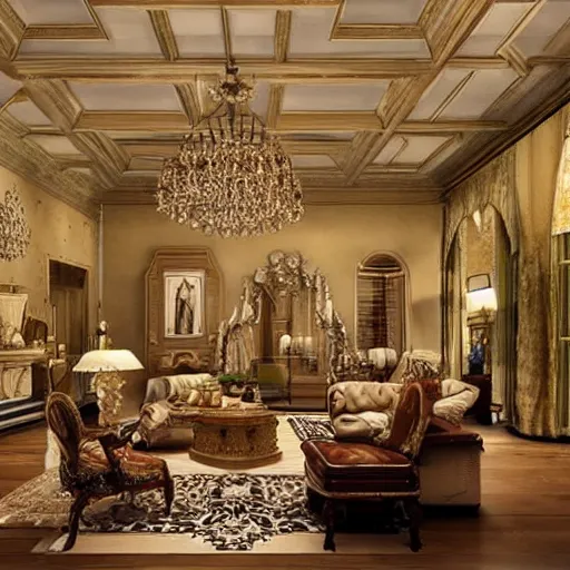 Image similar to photorealistic traditional living room maximalist furnitrue big ceiling