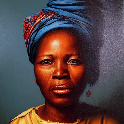 Image similar to portrait of an congolese woman ( 3 5 ) from democratic republic of the congo ( congo - kinshasa ) in 2 0 2 1, an oil painting by ross tran and thomas kincade