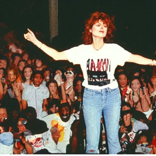 Image similar to 1 9 9 0 s video still of susan sarandon, wearing hip hop urban clothing, rapping on stage at a small outdoor concert, vhs artifacts