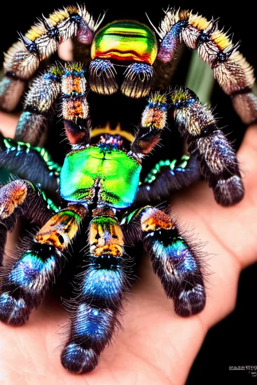 Prompt: high quality macro photo iridescent tarantula! jewelled supercute! highly detailed david ligare elson peter cinematic blue lighting high quality low angle hd 8k sharp shallow depth of field