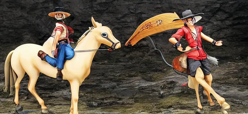 Image similar to “ luffy riding horse, side shot, 8 k resolution, high detailed ”