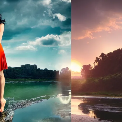 Image similar to Photo the beautiful woman Gal Gadot, she is posing, she is walking on a river, she is getting ulluminated by the rays of the sunset, the photo was taking by Steve McCurry, matte painting, oil painting, naturalism, 4k, 8k