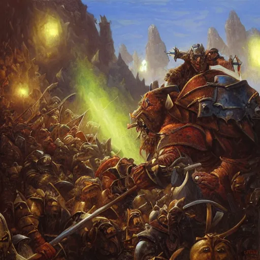 Image similar to knights vs orcs, oil painting by justin gerard, deviantart