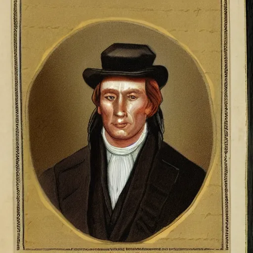 Image similar to joseph smith with his face in a hat reading book of mormon through the urum and thummum