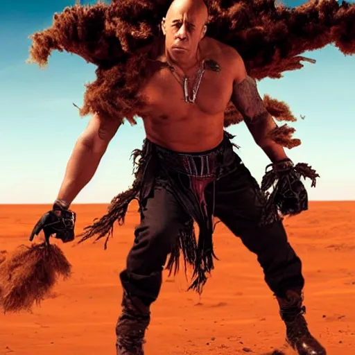 Prompt: candid photo of Vin Diesel as a witchdoctor on Mars fighting valiantly against Elon Musk by Annie Leibowitz, photorealisitc, extremely detailed