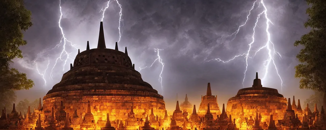 Prompt: most epic dramatic borobudur temple at night picture, eerie stormy night sky and lightnings. night photography. epic cinematic hyperrealism masterpiece. realistic poster with shaded lighting by craig mallismo, artgerm, jeremy lipkin and michael garmash, unreal engine, radiant light, detailed and complex environment, digital art, art station trends